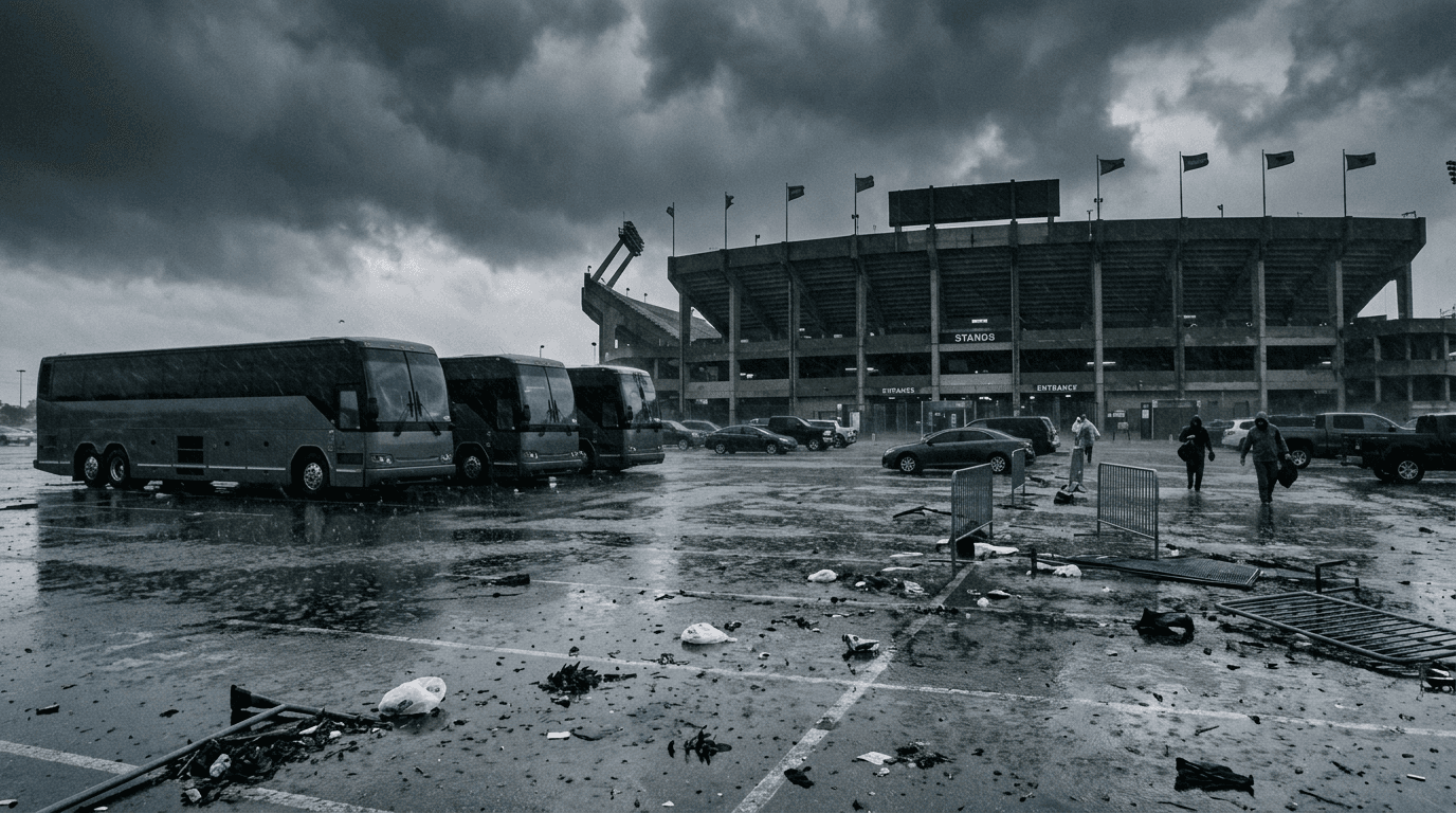 A rain-lashed coastal stadium parking lot with windblown debris, grounded team buses, and dark clouds over the stands; n